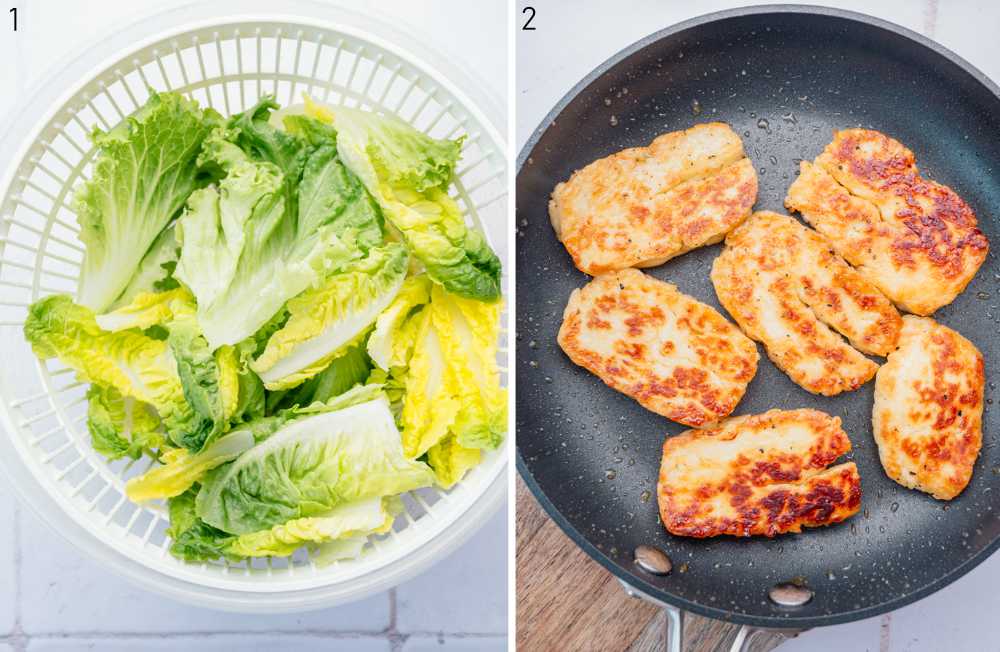 Lettuce in a salad spinner. Pan-fried halloumi cheese in a black pan.