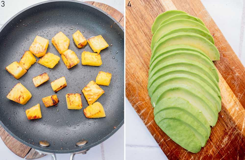Pan-fried pineapple cubes in a black pan. Avocado slices on a chopping board.
