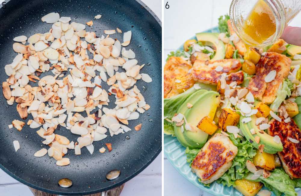 Toasted almond flakes in a black pan. Dressing is being poured over a halloumi pineapple salad.