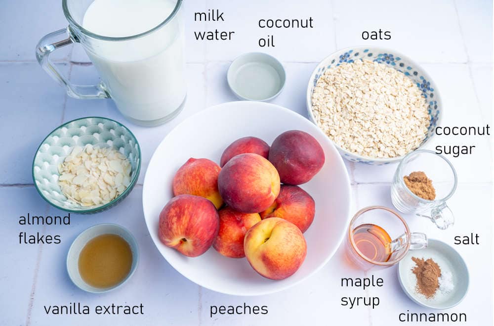 Labled ingredients for peach oatmeal.