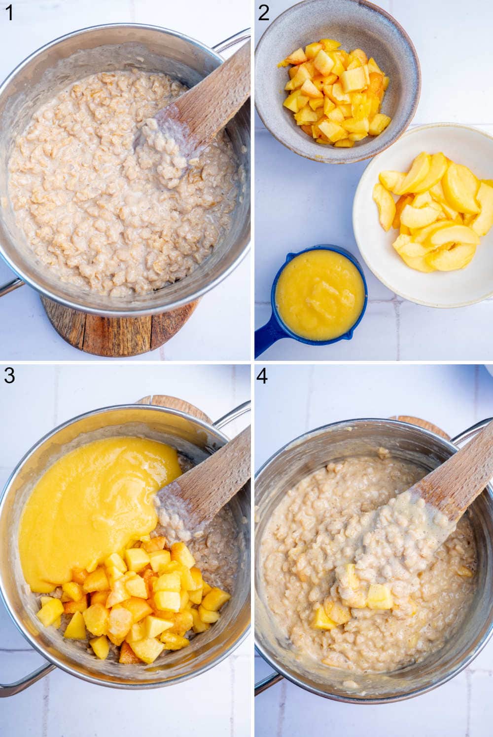 A collage of 4 photos showing how to make peach oatmeal step by step.