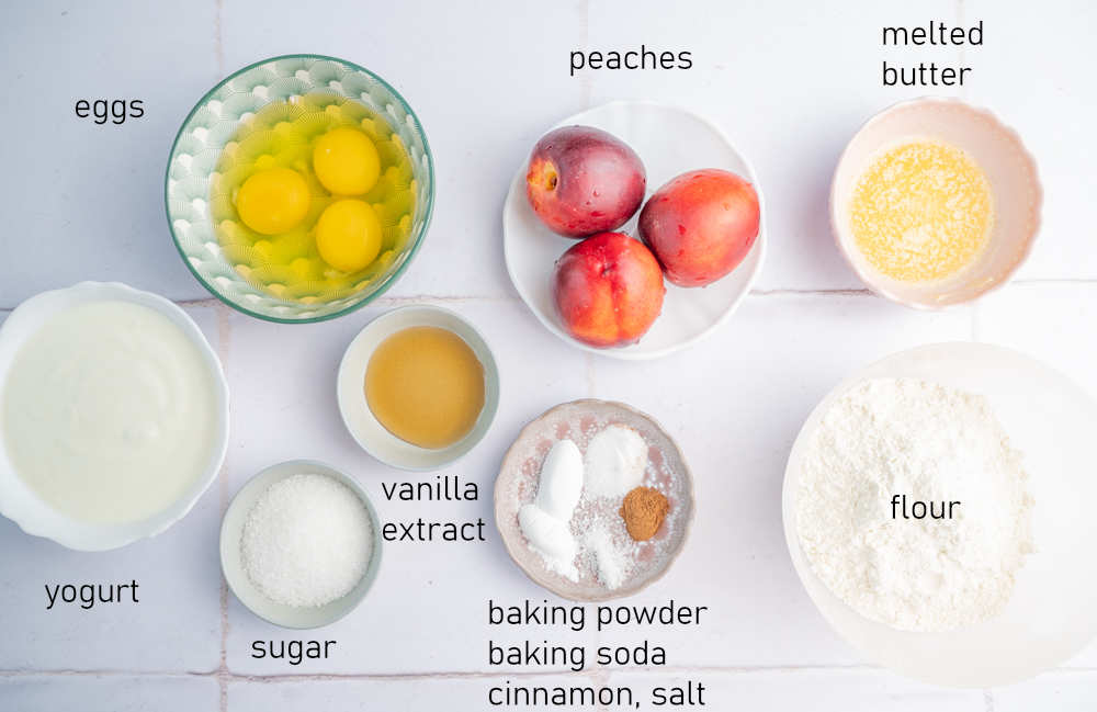 Labeled ingredients for peach pancakes.