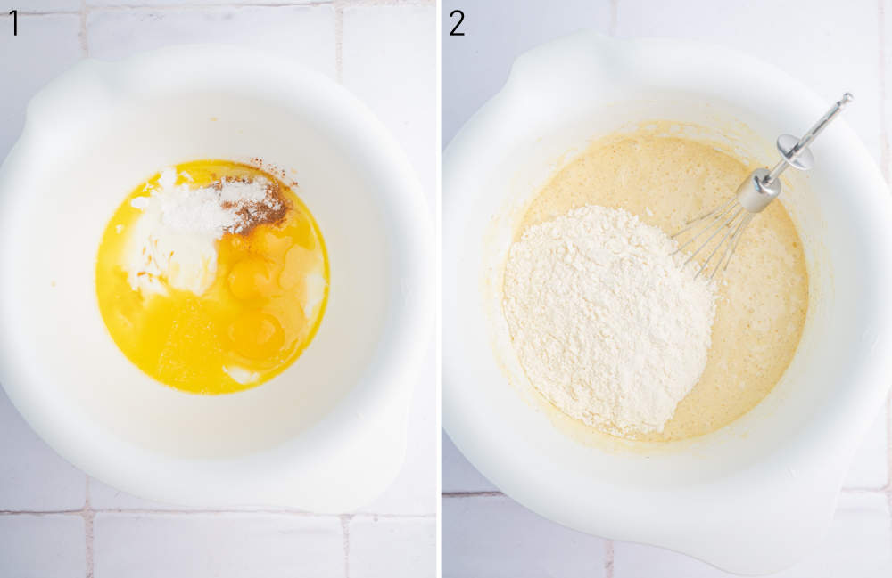 Wet ingredients for peach pancakes in a white bowl. Pancake batter with flour in a white bowl.
