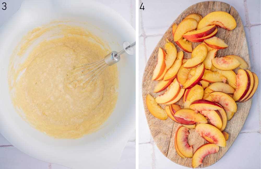 Pancake batter in a white bowl. Sliced peaches on a chopping board.