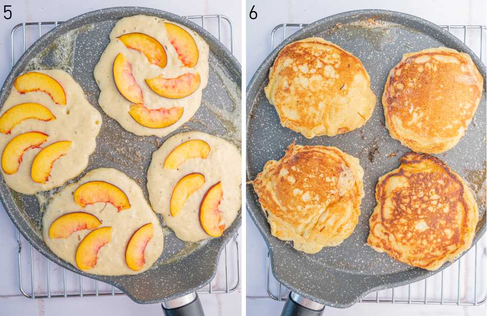 Pancakes are being cooked on a grey pan.