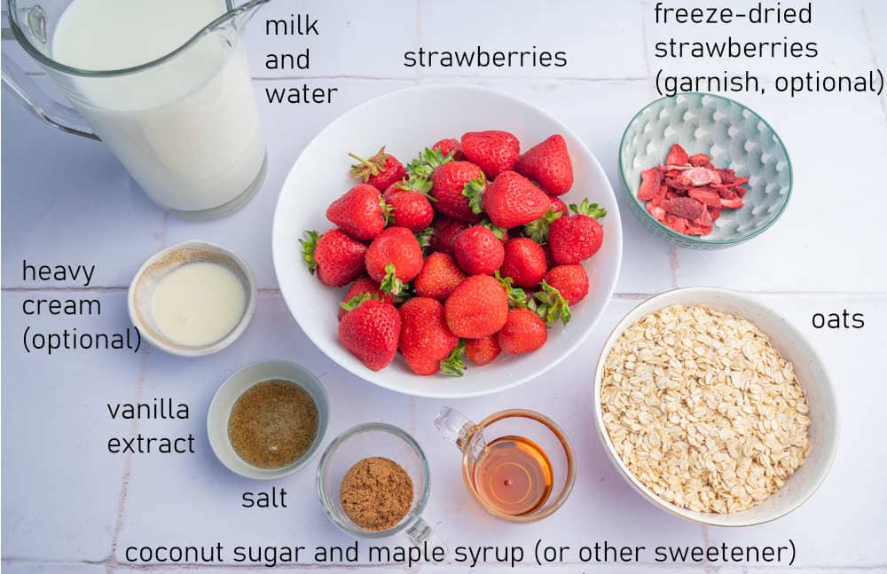 Labeled ingredients for strawberries and cream oatmeal.