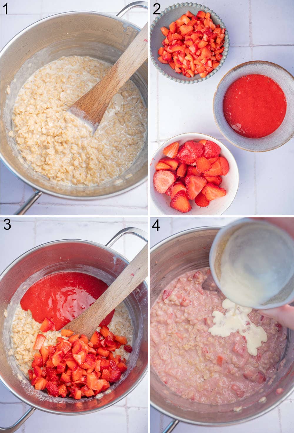 A collage of 4 photos showing how to make strawberries and cream oatmeal step by step.