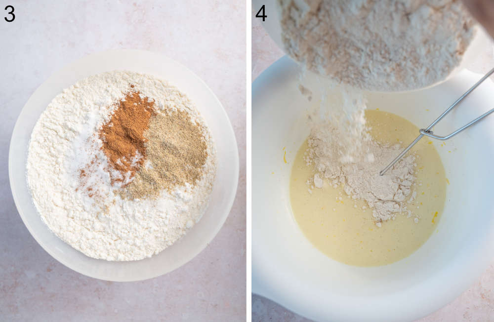 Fry ingredients for pancakes in a white bowl. Dry ingredients are being added to wet ingredients in a bowl.