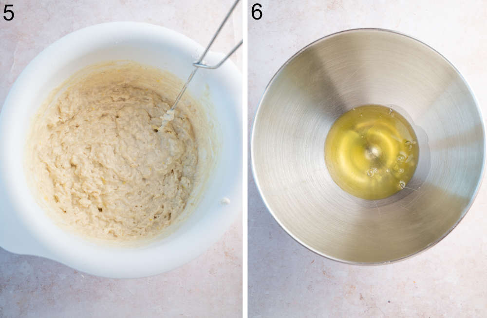 Pancake batter in a white bowl. Egg whites in a metal bowl.