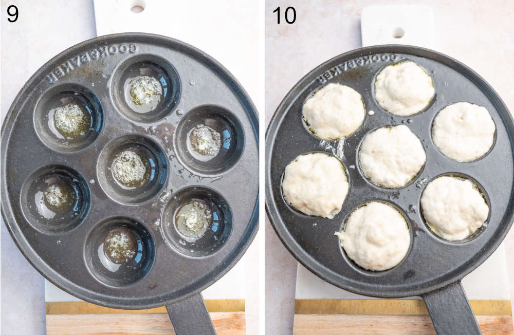 Aebleskiver pan filled with butter. Aebleskiver pan filled with pancake batter.