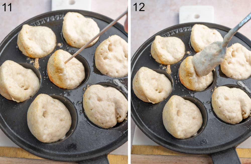 Aebleskiver pancakes are being rotated in the Aebleskiver pan.