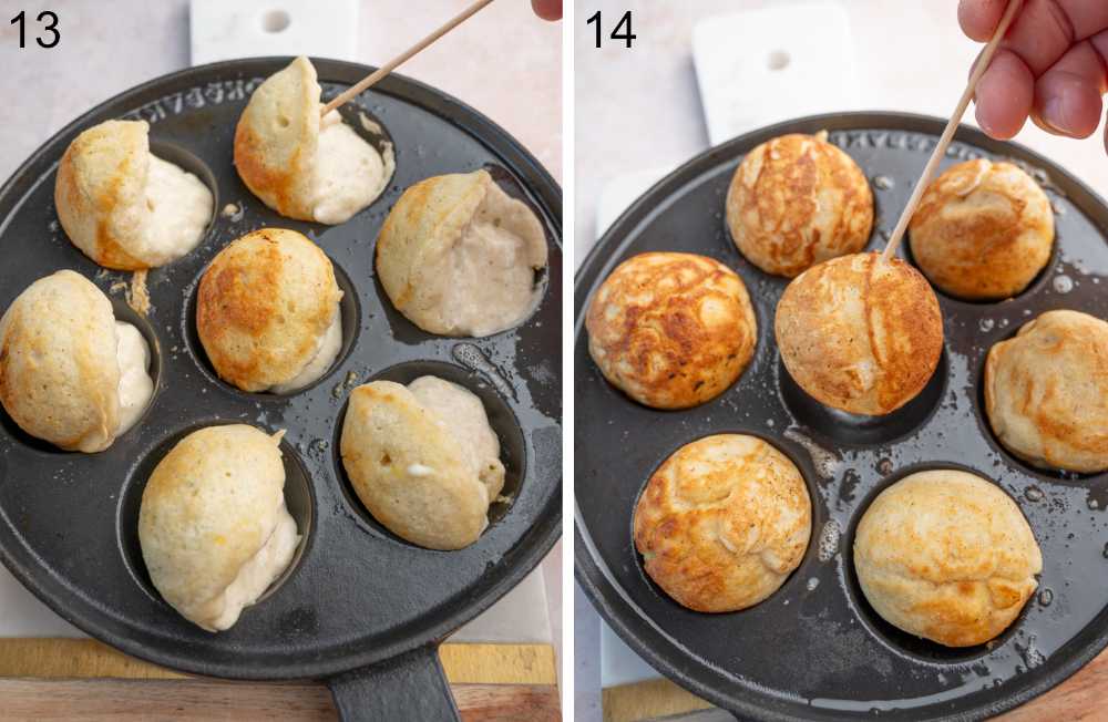 Aebleskiver pancake balls in an Aebleskiver pan.