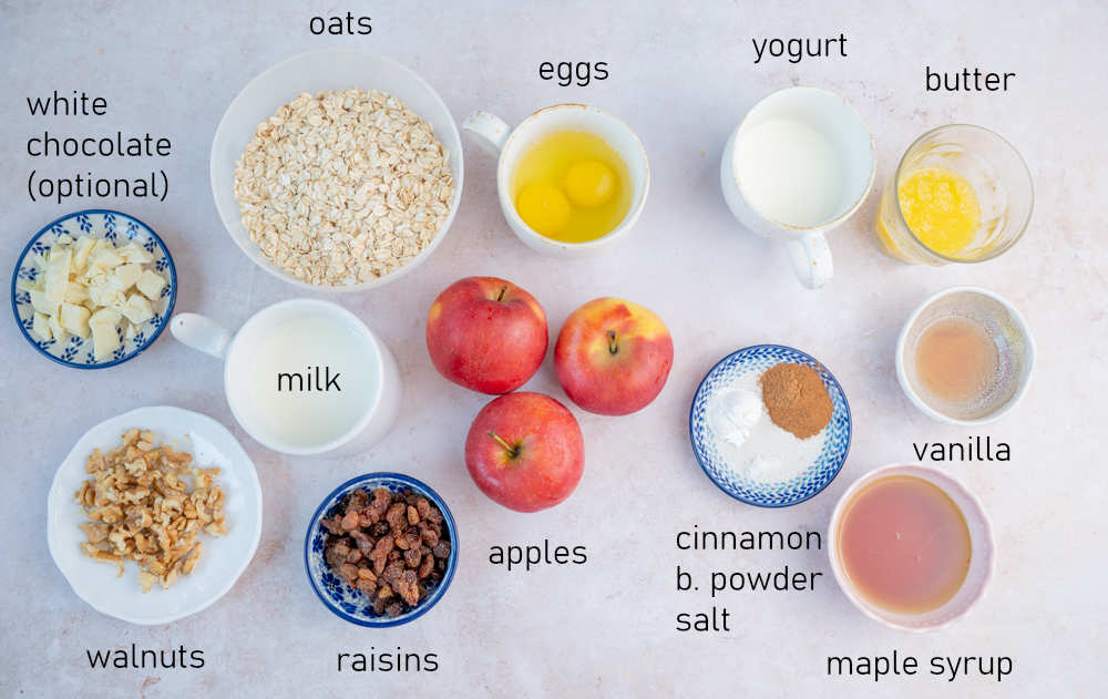 Labeled ingredients for apple baked oatmeal.