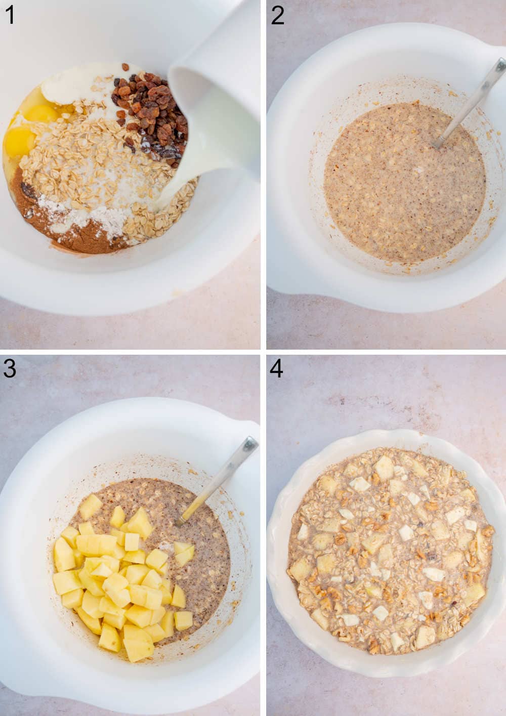 A colage of 4 photos showing how to make apple baked oatmeal step by step.