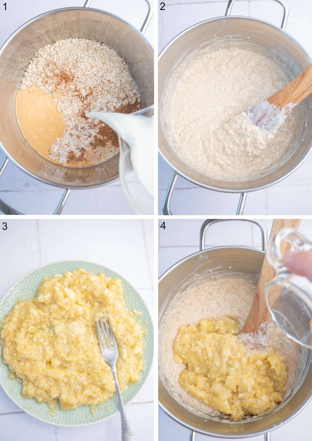 A collage of 4 photos showing how to make banana peanut butter oatmeal step by step.