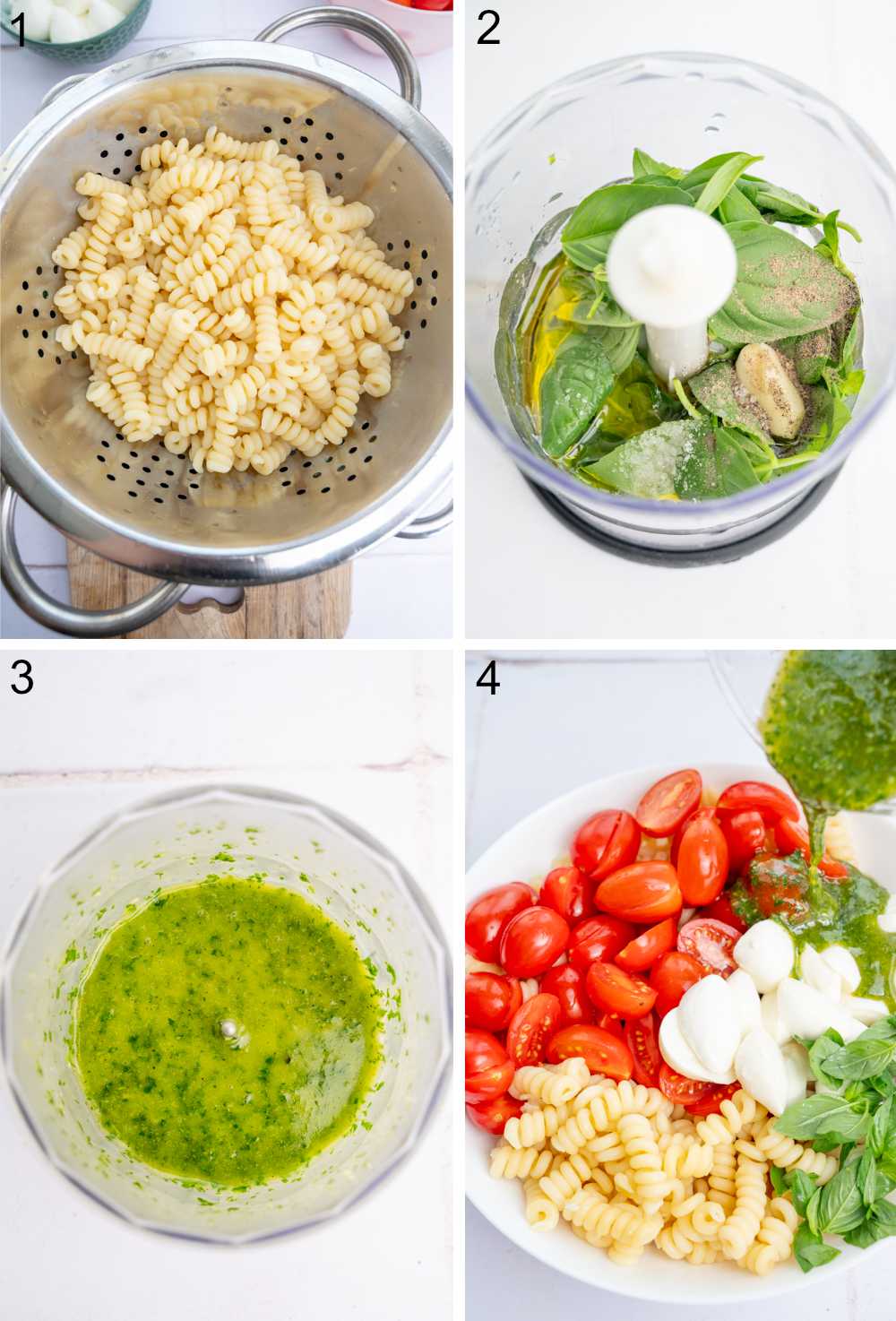 A collage of 4 photos showing how to make Caprese pasta salad step by step.
