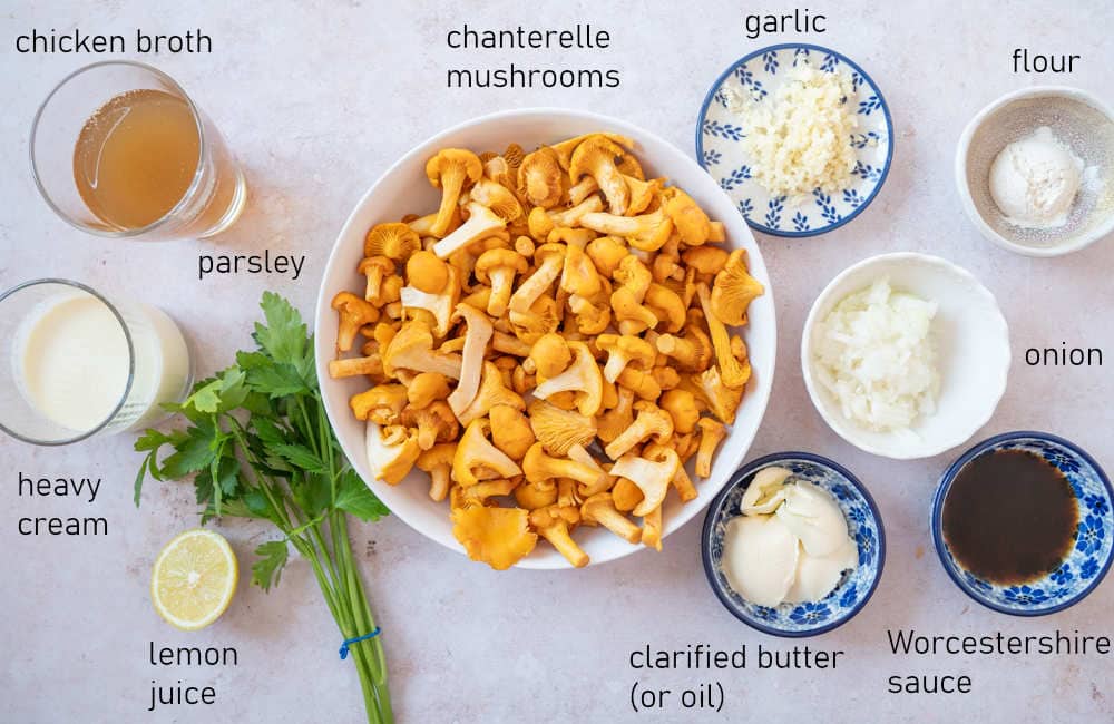 Labeled ingredients for chanterelle sauce.