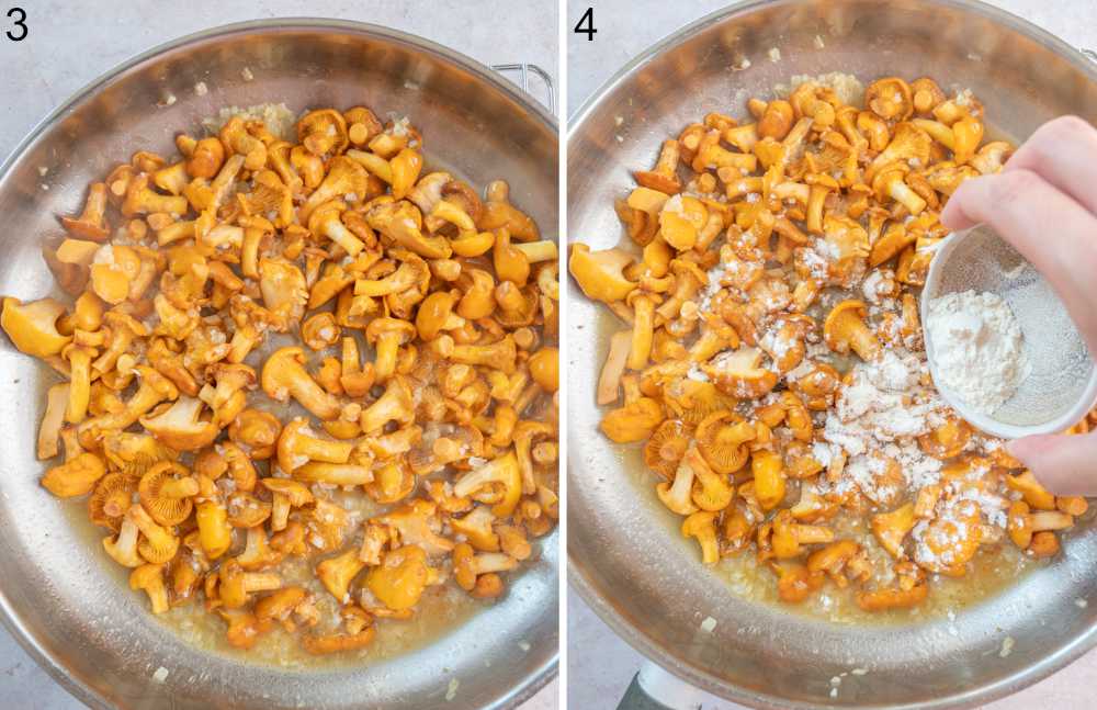 Sauteed chanterelle mushrooms in a pan. Flour is being added to mushrooms in a pan.