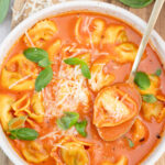 Tomato tortellini soup in a white soup plate sprinkled with parmesan and basil leaves.
