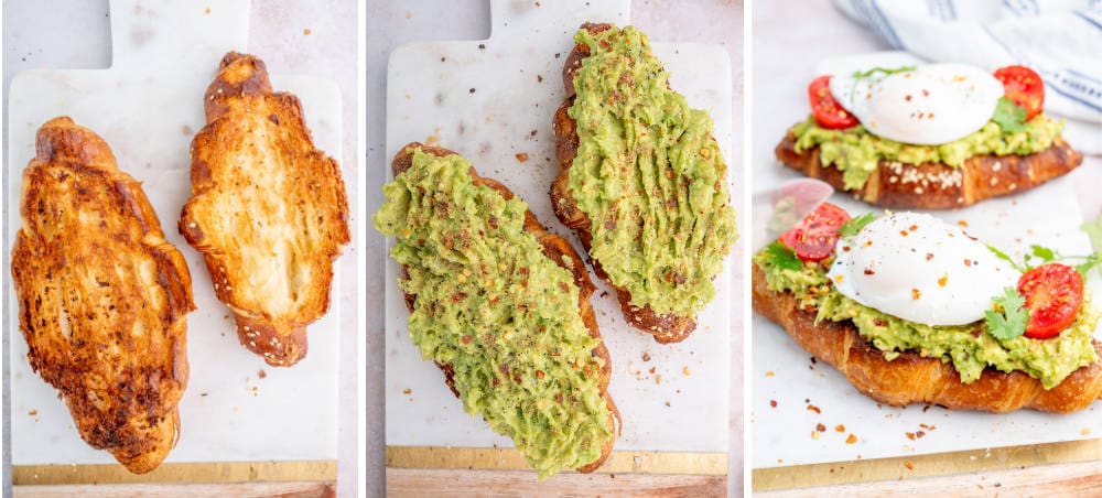 A collage of 3 photos showing how to make avocado egg toast step by step.