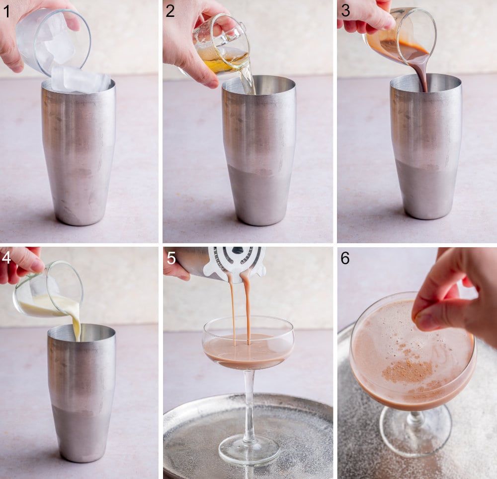 A collage of 6 photos showing how to make Brandy Alexander cocktail step by step.
