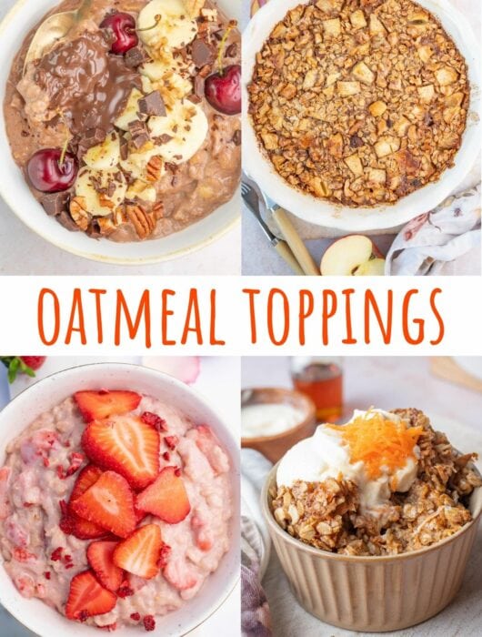 A collage of four photos of oatmeal with toppings.