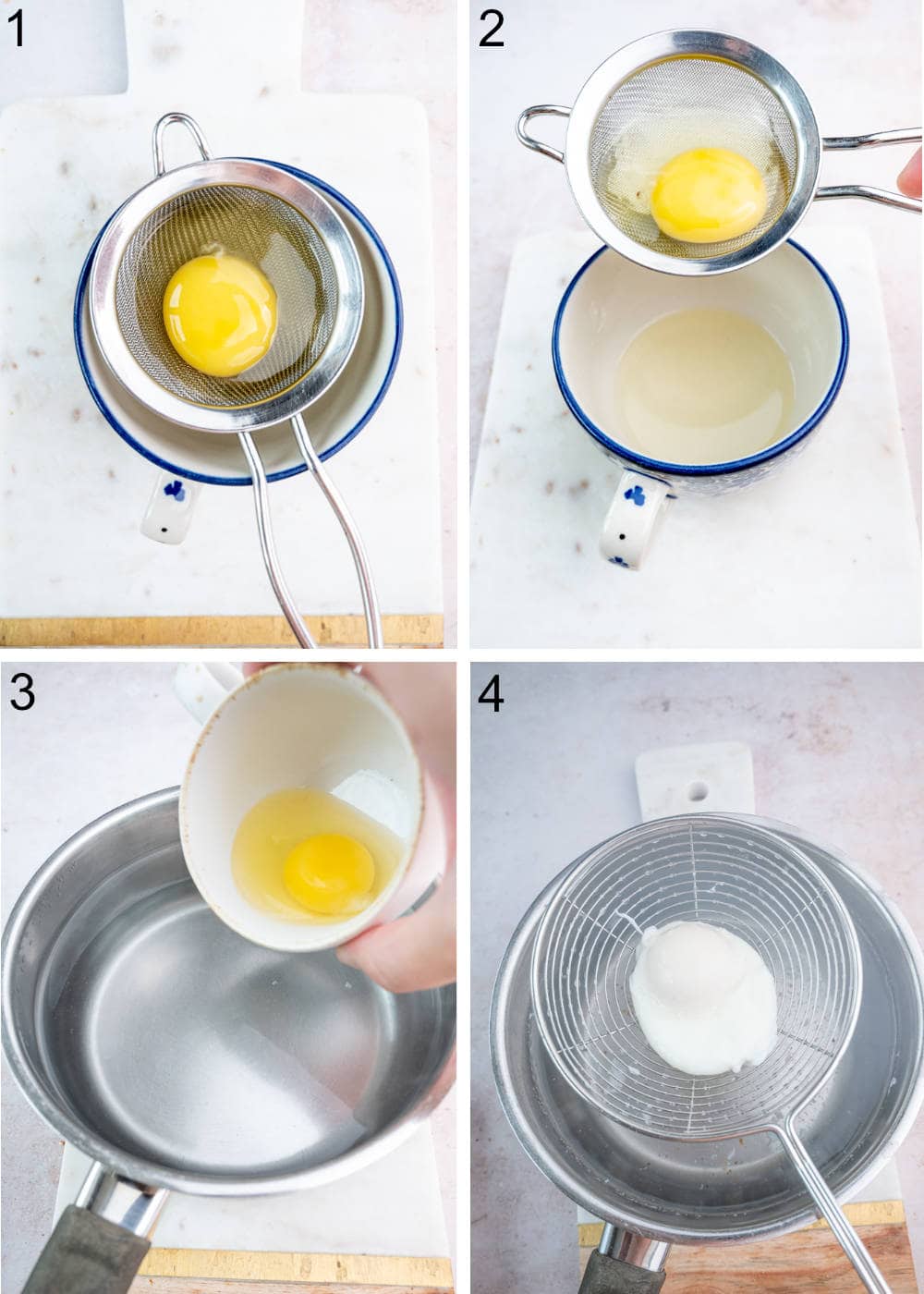 A collage of 4 photos showing how to poach an egg step by step.