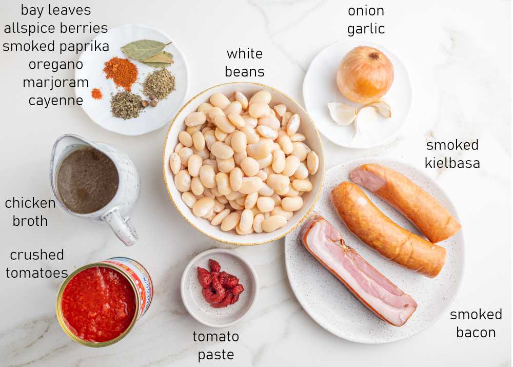 Labeled ingredients needed to prepare Polish beans and sausage.