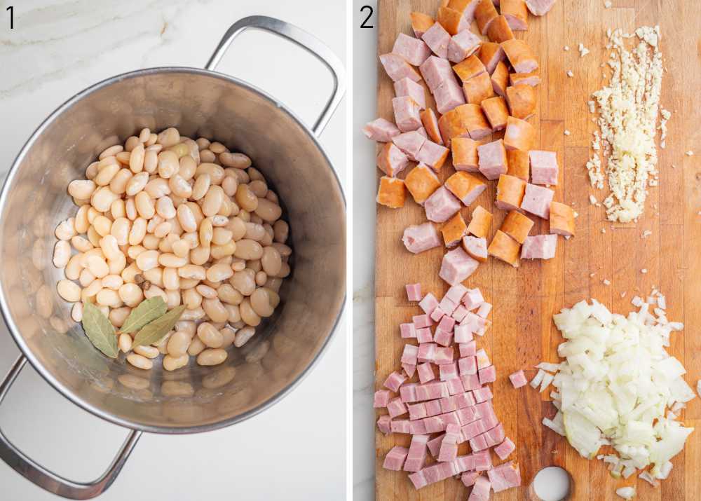 White beans in a pote. Chopped smoked sausage, bacon, onions, and garlic on a chopping board.