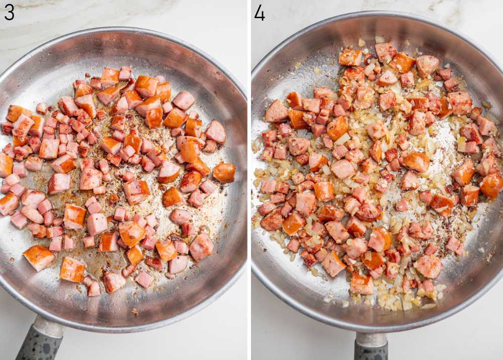 Pan-fried sausage and bacon in a frying pan.