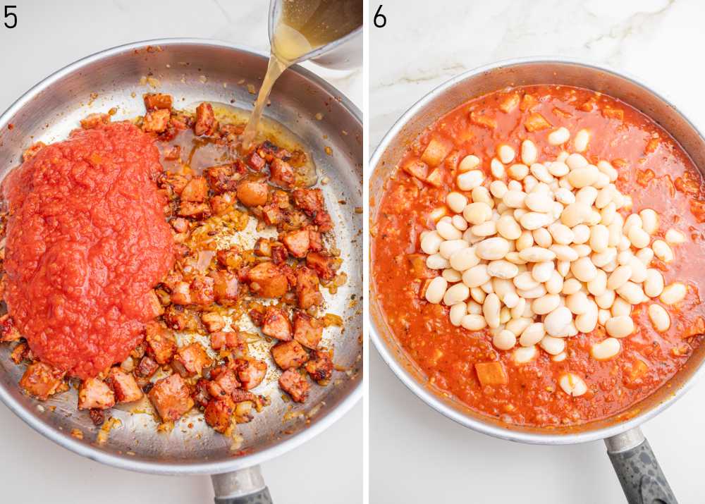 Tomato sause with sausage, bacon, and white beans in a frying pan.