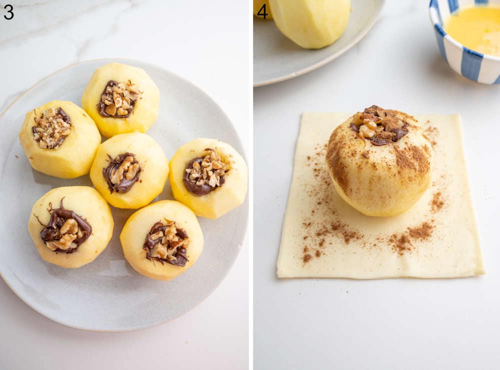 Apples filled with chocolate nut filling on a plate. Filled apple on a square piece of puff pastry.