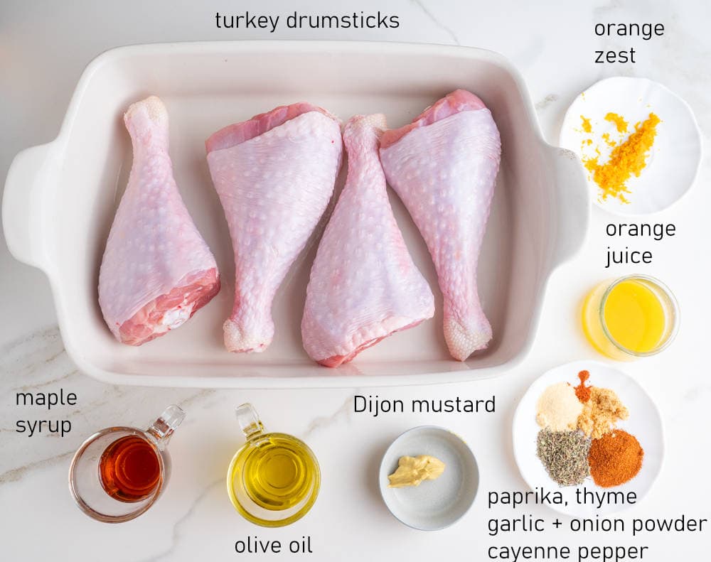 Labeled ingredients for baked turkey drumsticks.