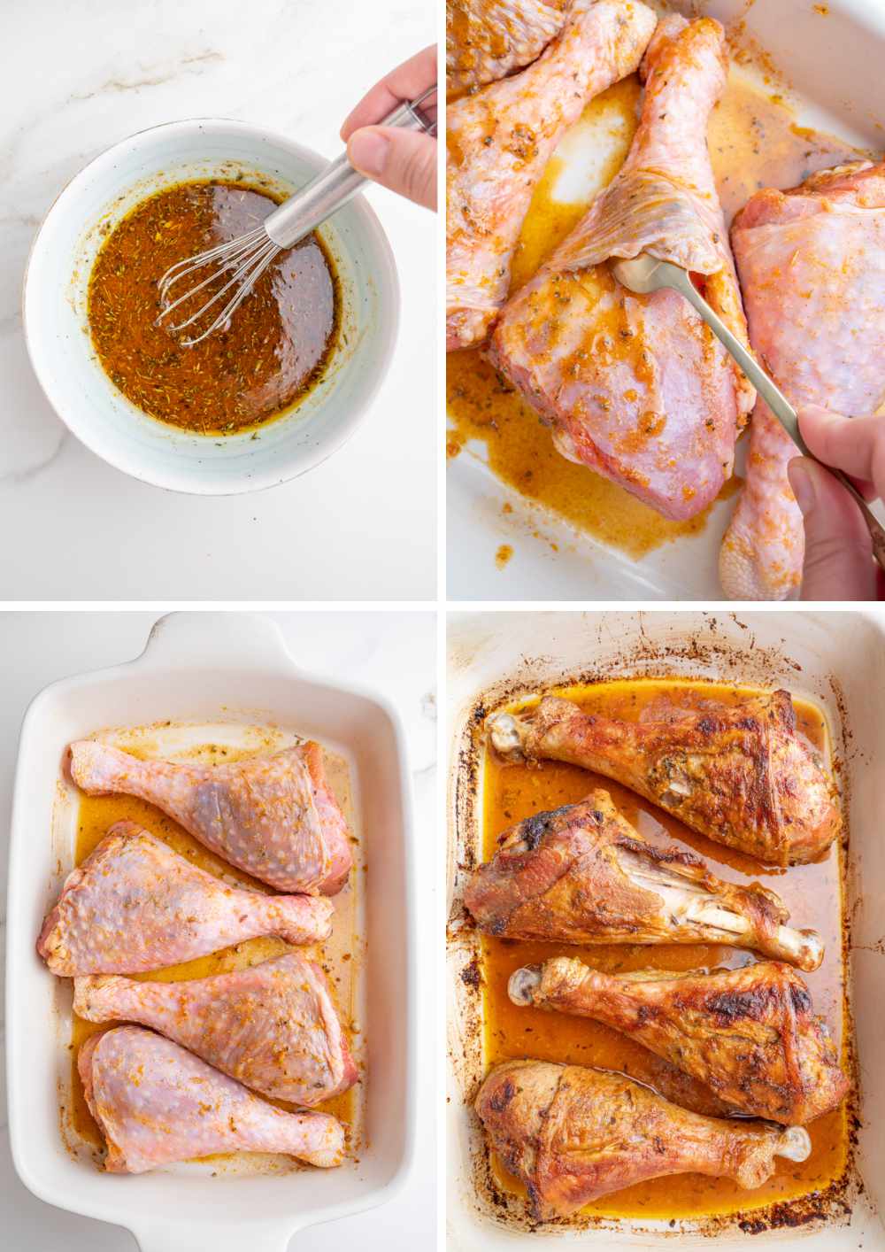 A collage of 4 photos showing how to make baked turkey drumsticks step by step.