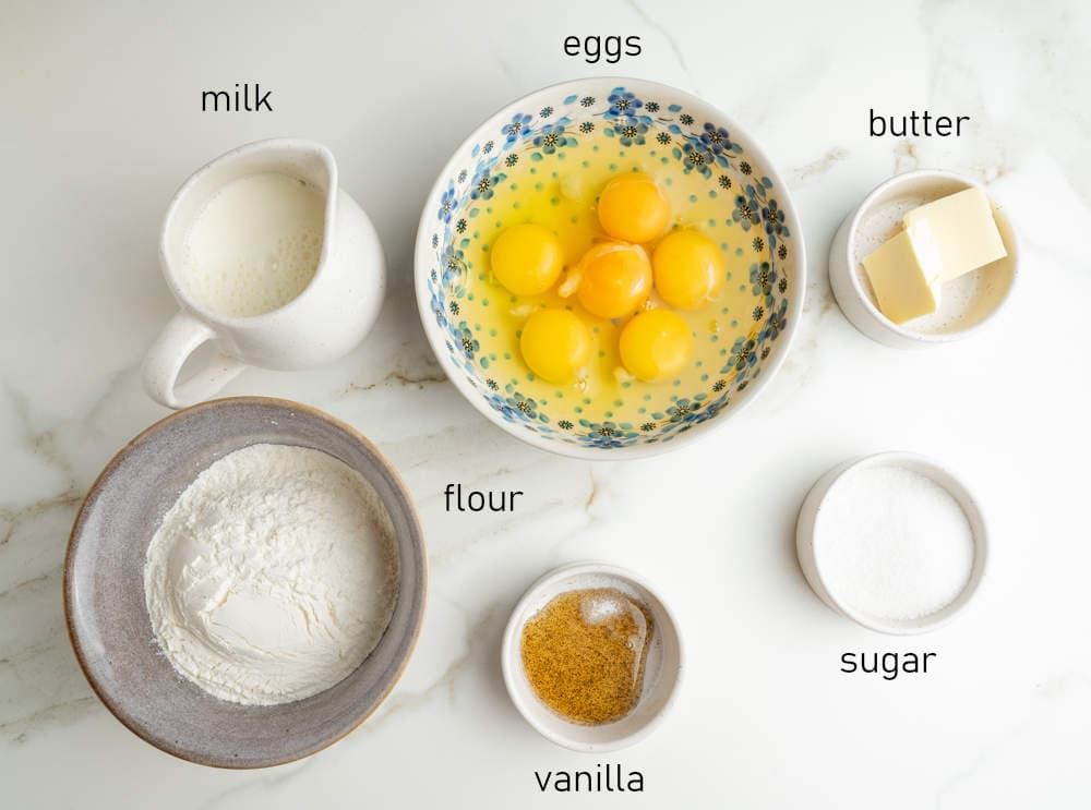 Labeled ingredients for a Dutch Baby pancake.