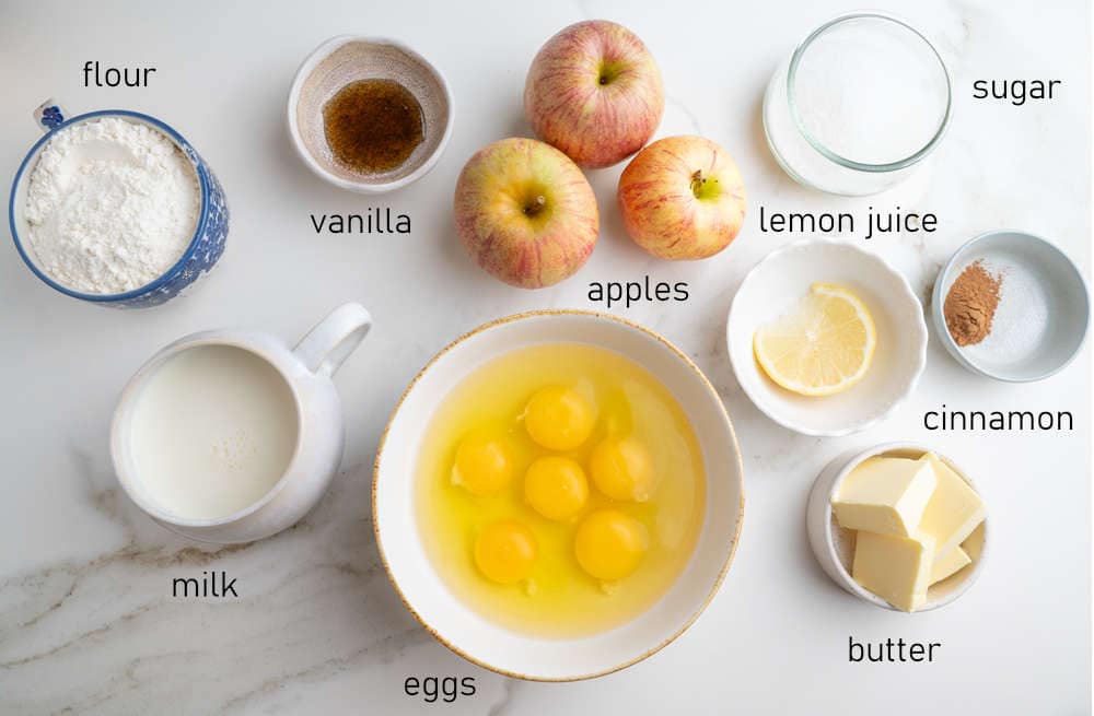 Labeled ingredients for German apple pancake.