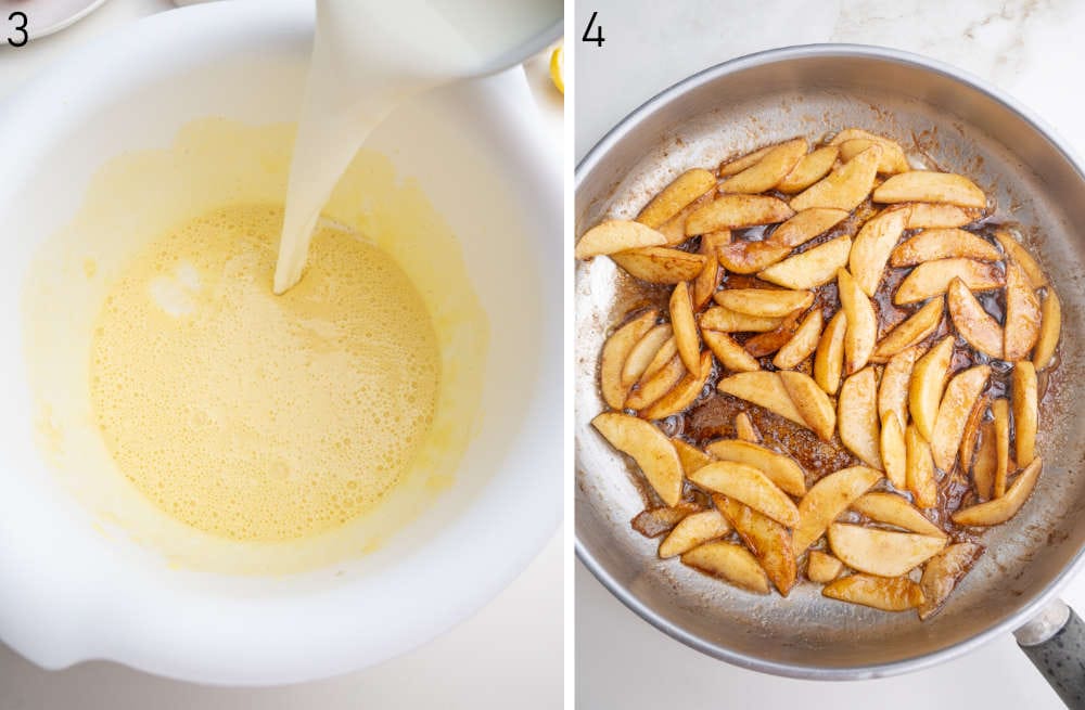 Milk is being added to pancake batter in a white bowl. Sauteed cinnamon apples in a frying pan.