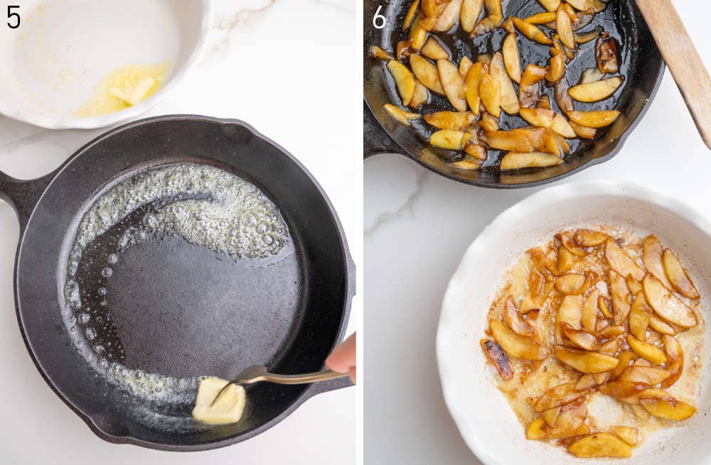 Butter is melting in a cast iron pan. Sauteed cinnamon apples in two baking dishes.