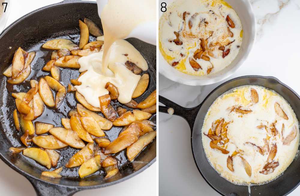 Batter is being poured into sauteed apples in cast iron pan.