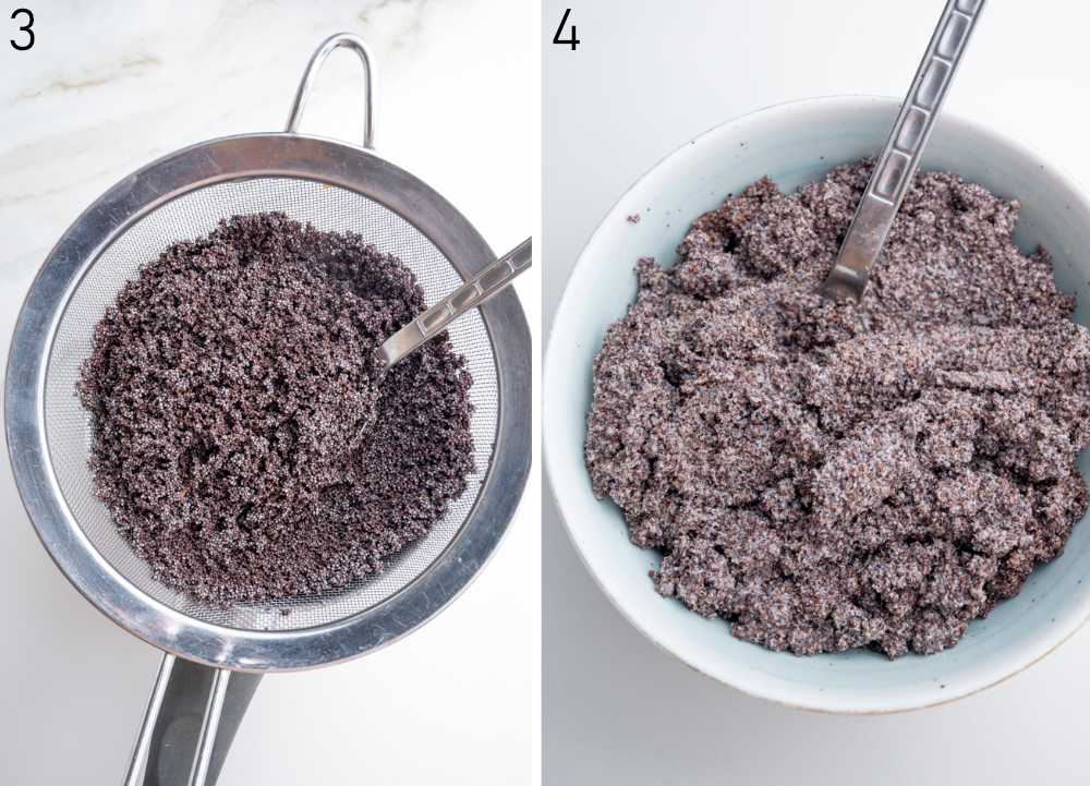 Poppy seeds in a sieve. Ground poppy seeds in a bowl.