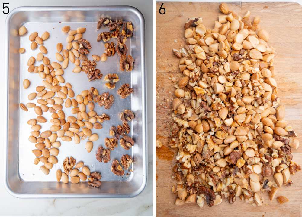 Toasted nuts on a baking sheet. Chopped nuts on a chopping board.