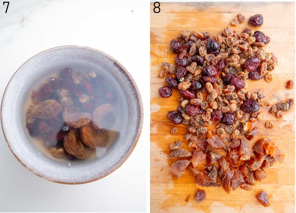 Dried fruit is soaking in a bowl. Chopped dried fruit on a chopping board.