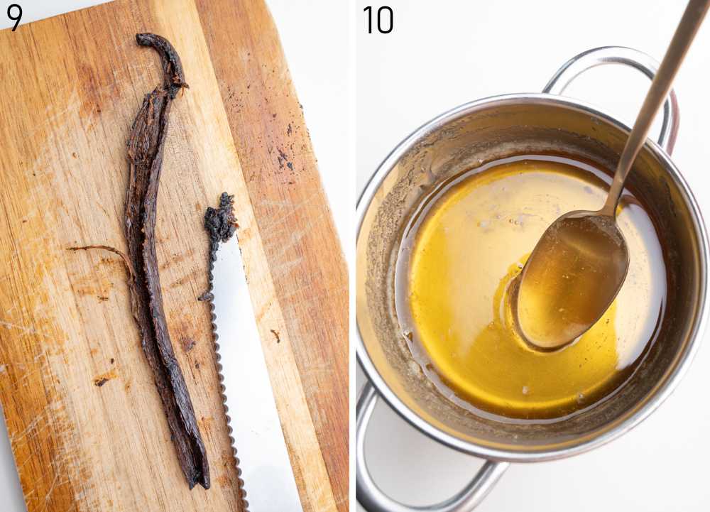 Vanilla bean cut in half with seeds scooped out. Melted honey in a pot.