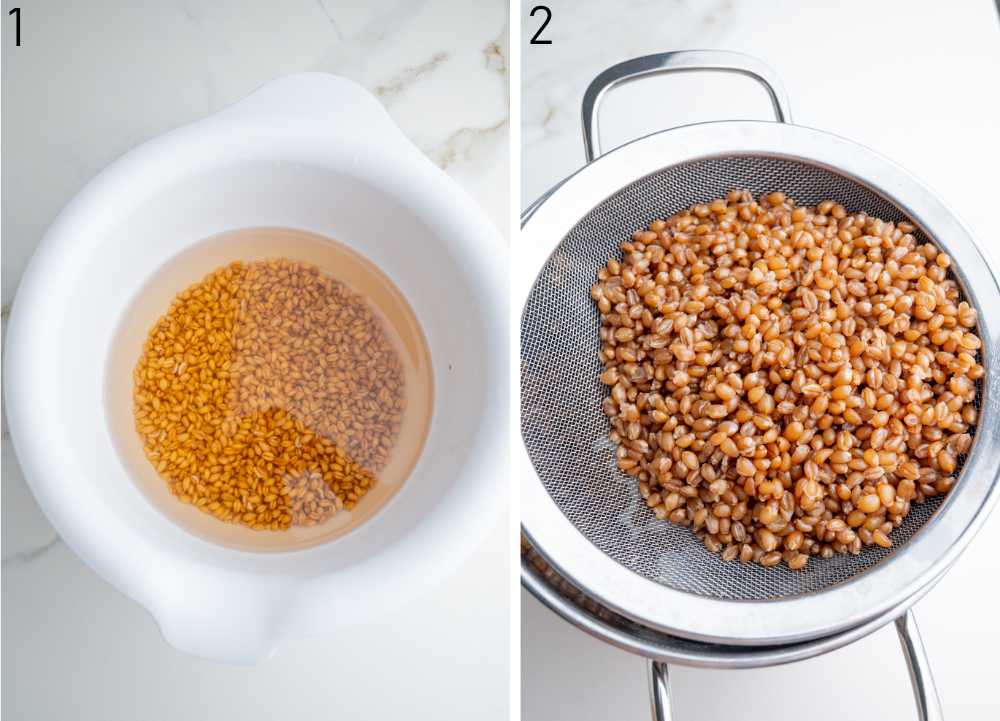 Wheat berries are soaking in a bowl. Cooked wheat berries on a sieve.