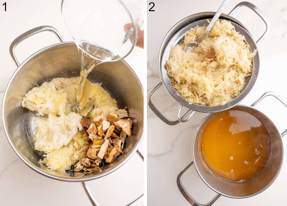 Water is being added to sauerkraut and dried mushrooms in a pot. Cooked sauerkraut in a sieve.