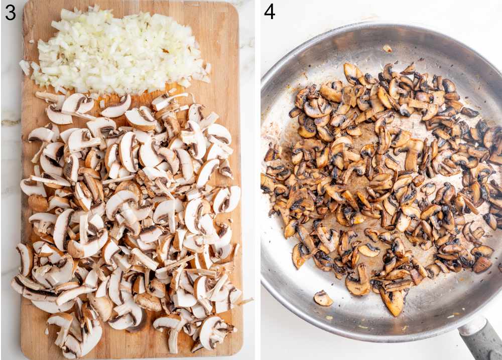 Chopped onions and mushrooms on a chopping board. Sauteed mushrooms in a pan.