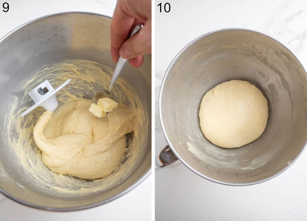 Butter is being added to dough in a bowl. Yeast dough in a metal bowl.