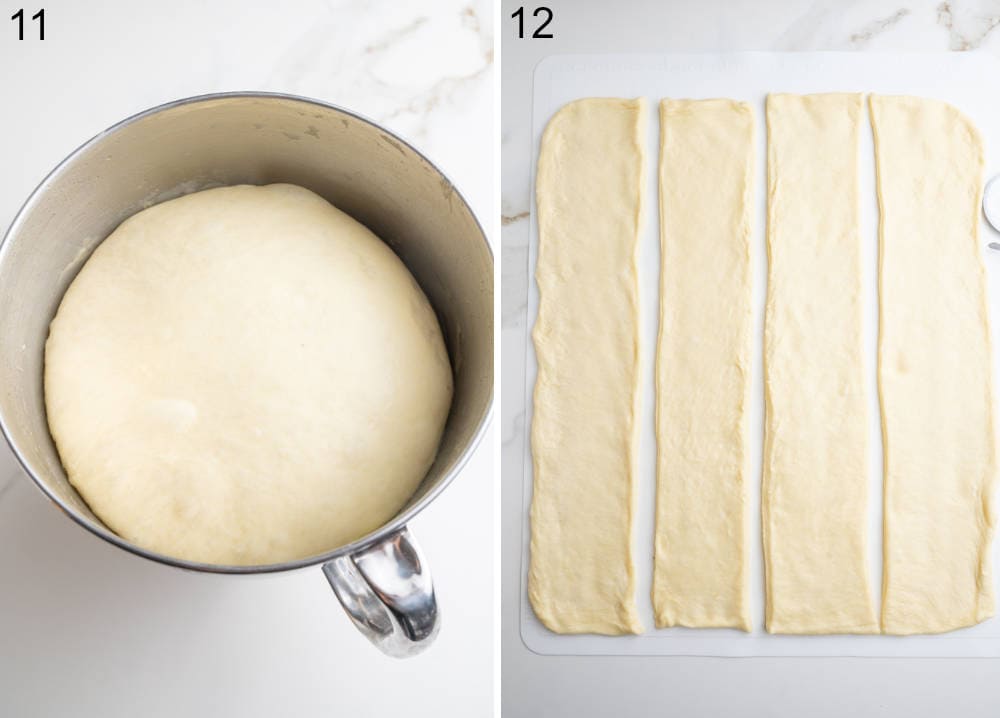 Risen yeast dough in a bowl. Rolled out yeast dough divided into four strips on a rolling mat.