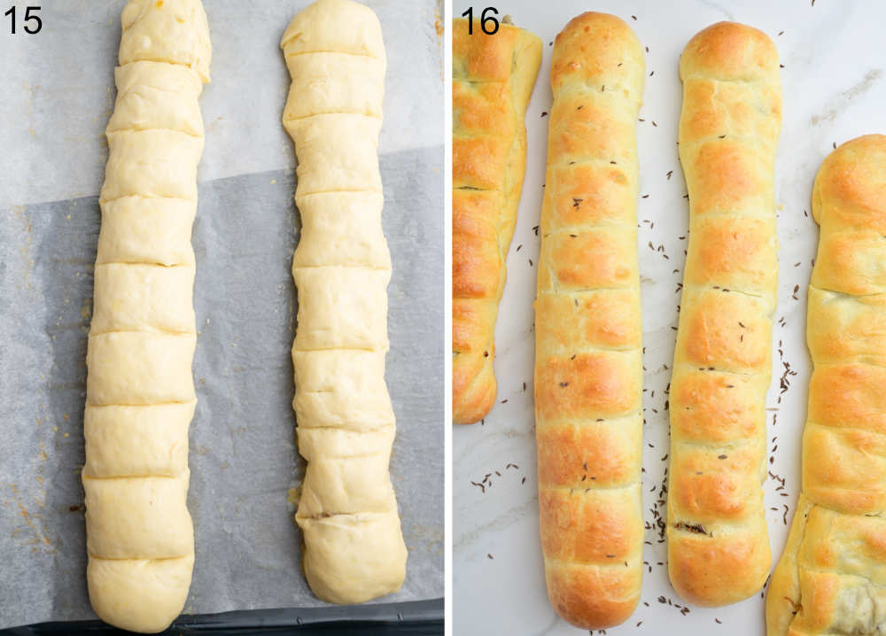 Formed logs of yeast dough with sauerkraut mushroom filling on a parchment paper.