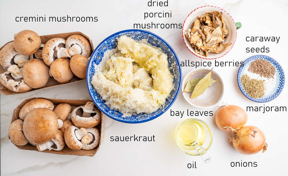 Labeled ingredients for sauerkraut mushroom filling.